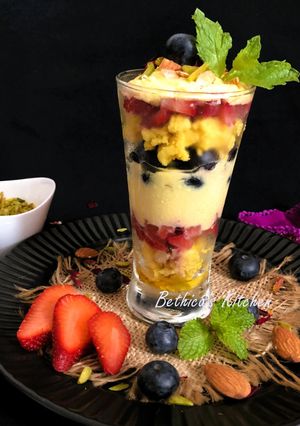 A picture of Sandesh, Fruits & Shrikhand Parfait (Layered Dessert).