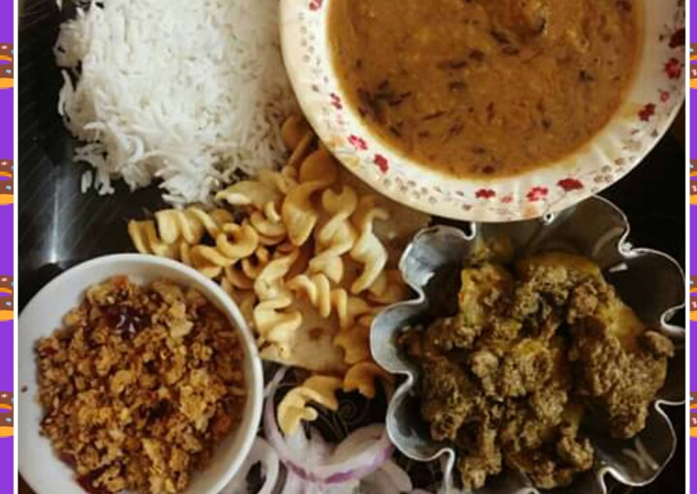 Sour pulse rice fried beef and coconut chutney(khatti daal Chawal)