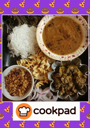 A picture of Sour pulse rice fried beef and coconut chutney(khatti daal Chawal).