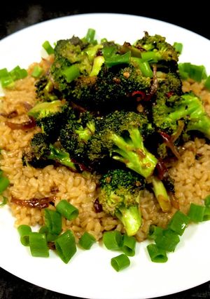 A picture of Pan Roasted Broccoli with Brown Rice.