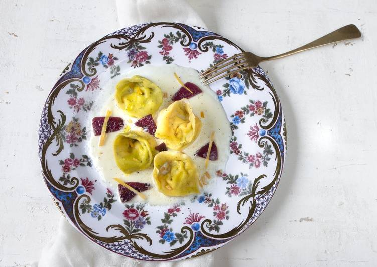 Easiest Way to Make Perfect Tortelli bicolore al branzino con stracciatella e petali di cipolla