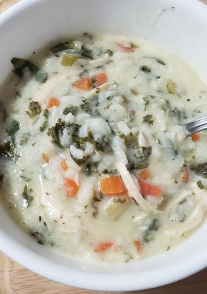 A picture of Creamy Chicken, Kale and Rice Soup.