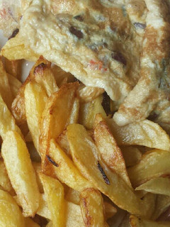 A picture of Chips and fried egg.