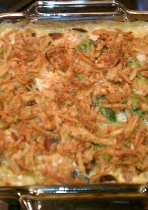 A picture of Broccoli mushroom shrimp casserole.