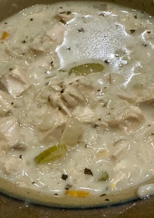 A picture of Instant Pot creamy rotisserie chicken and rice soup.