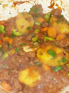 A picture of Beef cooked with Irish Potatoes.