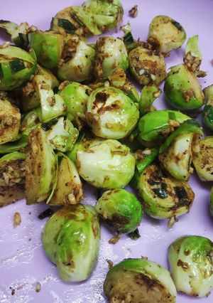 A picture of Stir fried brussel sprouts.