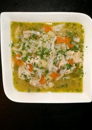 A picture of Chicken and noodle soup.