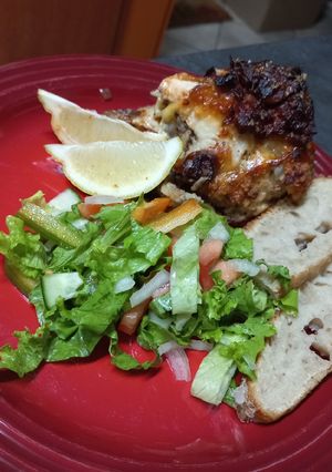 A picture of Oven baked Chicken and Aubergine Parmigiano.