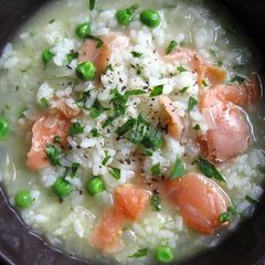A picture of Smoked Salmon Rice Soup.