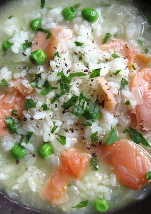 A picture of Smoked Salmon Rice Soup.