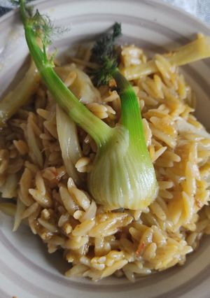 Una foto de Cremoso vegano de orzo con hinojo
