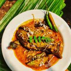 A picture of Brinjal curry in coconut gravy.