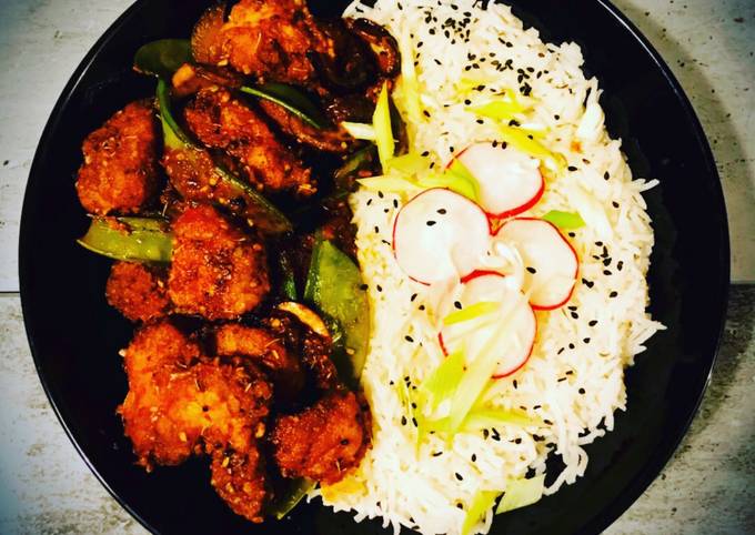 Maple Syrup Spicy Breaded Chicken, Mange-touts and Mushroom with Thyme Basmati Rice