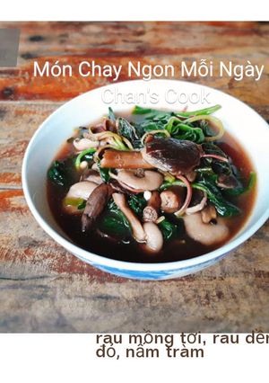 Hình của món Canh rau mồng tơi, rau dền đỏ nấu nấm tràm chay.