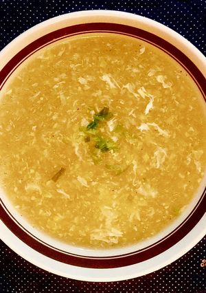 A picture of Oriental egg-drop sweet corn soup.