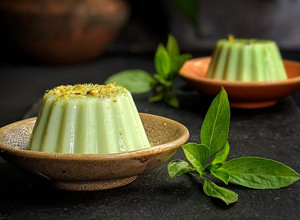 A picture of Pistachio and Basil Panna Cotta.