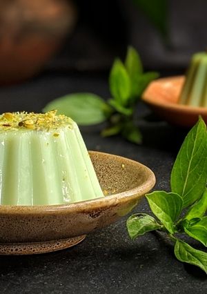 A picture of Pistachio and Basil Panna Cotta.