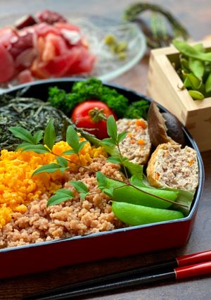 A picture of Japanese 3-color Bento (Sanshoku Bento).