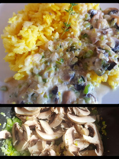 Una foto de Champiñones salteados con morrón v y arroz amarillo. #Mercado