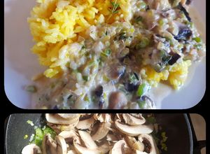 Una foto de Champiñones salteados con morrón v y arroz amarillo. #Mercado