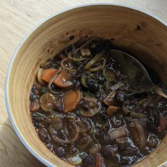 A picture of Black bean soup (using leftover bean stew).