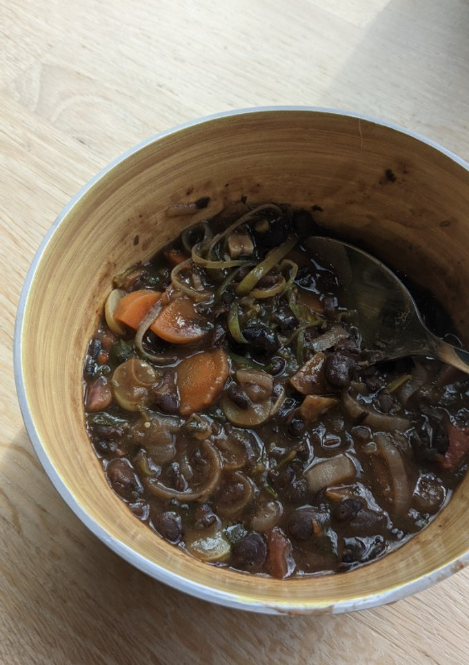 A picture of Black bean soup (using leftover bean stew).
