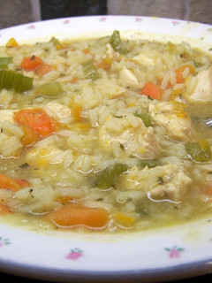 A picture of Larrys crockpot chicken, sausage, and rice soup.