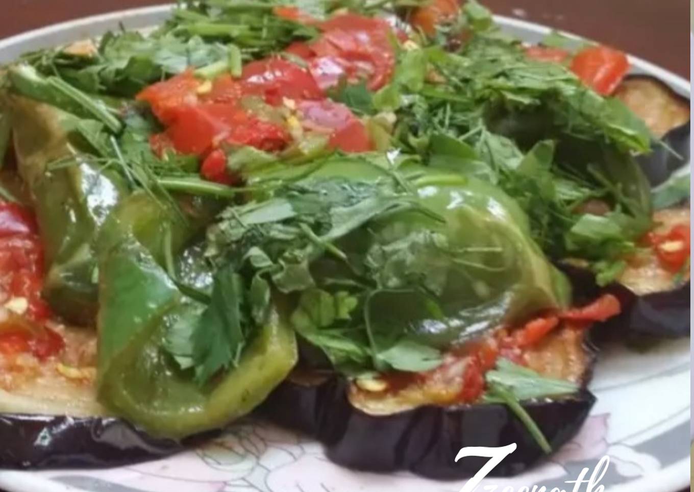Fried Eggplant Salad with Bell Peppers in Vinaigrette Dressing