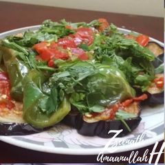 A picture of Fried Eggplant Salad with Bell Peppers in Vinaigrette Dressing.