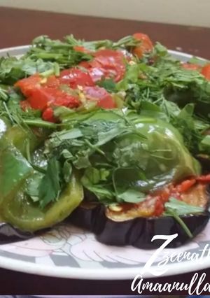 A picture of Fried Eggplant Salad with Bell Peppers in Vinaigrette Dressing.