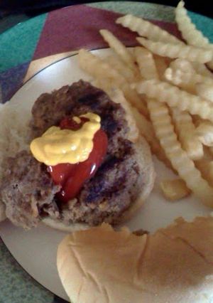 A picture of hamburger and Fries.