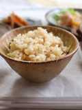 Brown rice cooked in a japanese clay pot