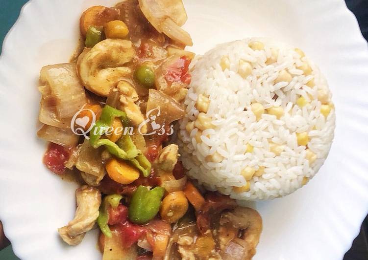 Simple Way to Prepare Quick White rice & chickpeas,+veg chicken