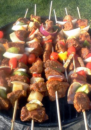 A picture of Grilled chicken shish kabobs.