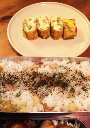 A picture of Oden Leftovers: Tamagoyaki and Mixed Sushi.