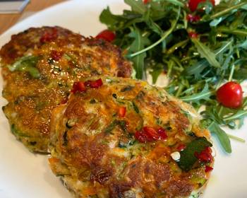 Without Fail Cooking Recipe Halloumi Courgette and Herb Cakes with a Chilli and Ginger dressing Practical Delicious