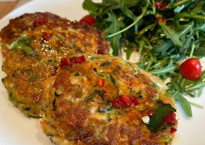 Halloumi, Courgette and Herb Cakes with a Chilli and Ginger dressing