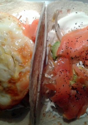 A picture of Smoked salmon & egg tortilla.