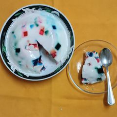A picture of Milk Pudding With Colourful Jelly.