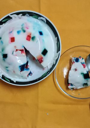 A picture of Milk Pudding With Colourful Jelly.