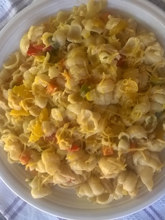 A picture of Macaroni with pasta sauce.