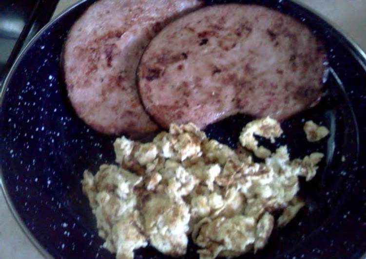 ham Steaks and scrambled eggs