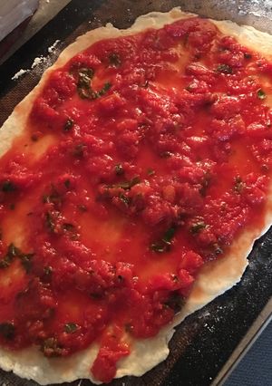 A picture of No oil no onion PIZZA SAUCE with fresh herbs.
