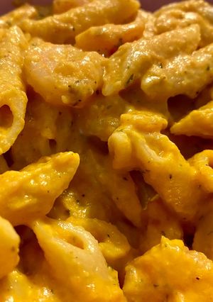 A picture of Carrot Cream Pasta w/ Shrimp.