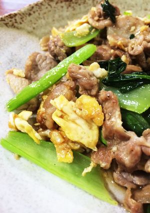 A picture of Pork, Egg, and Komatsuna Stir-Fry with Sweet Sauce.
