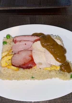 A picture of Special fried rice with curry sauce - UK chip shop style.