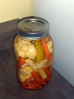 A picture of hot pickled veggies.