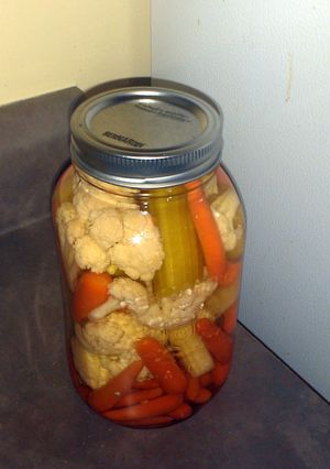 A picture of hot pickled veggies.