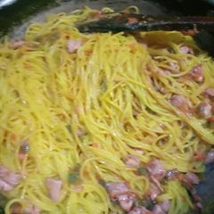 A picture of Chicken vegetable spaghetti.